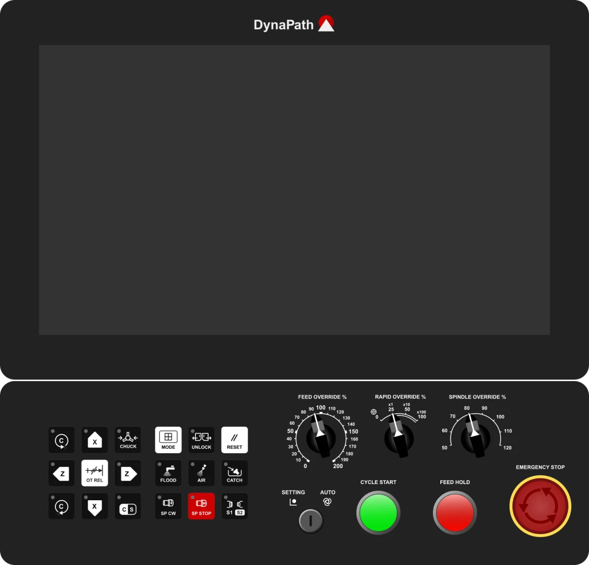 DynaPath lathe control panel with X and Z jog keys, C-axis, chuck and part catcher keys, override dials, cycle start, feed hold and emergency stop